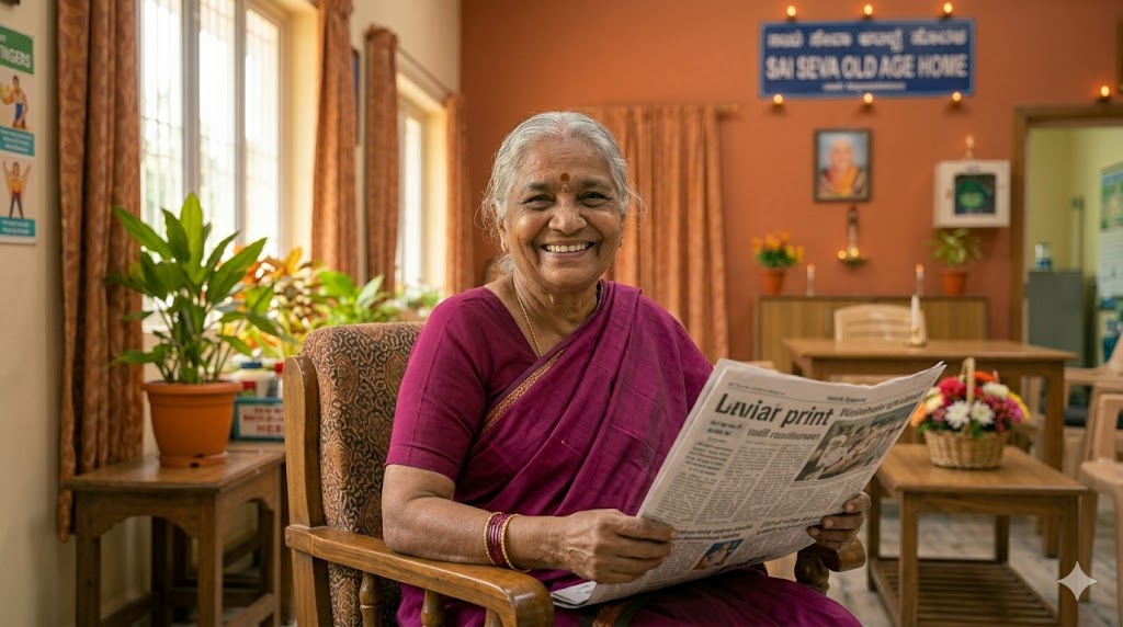 A senior woman smiling, in a warm home environment
